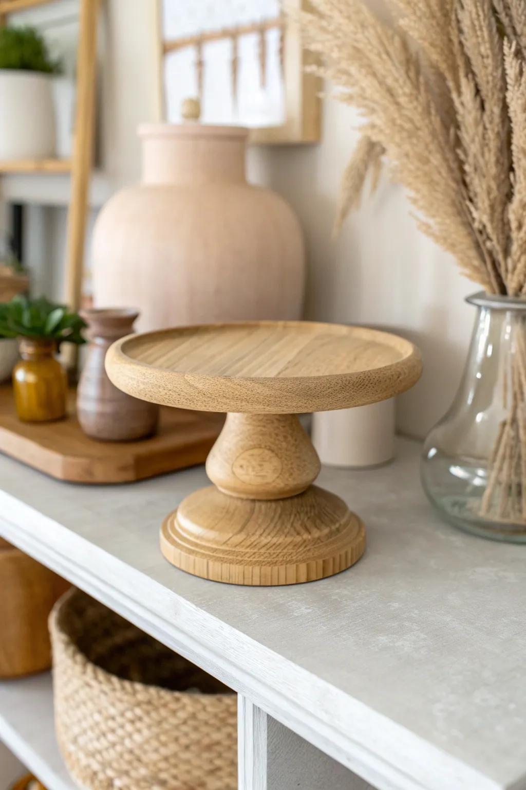 A simple wood riser instantly adds height and turns open shelves into styled vignettes.