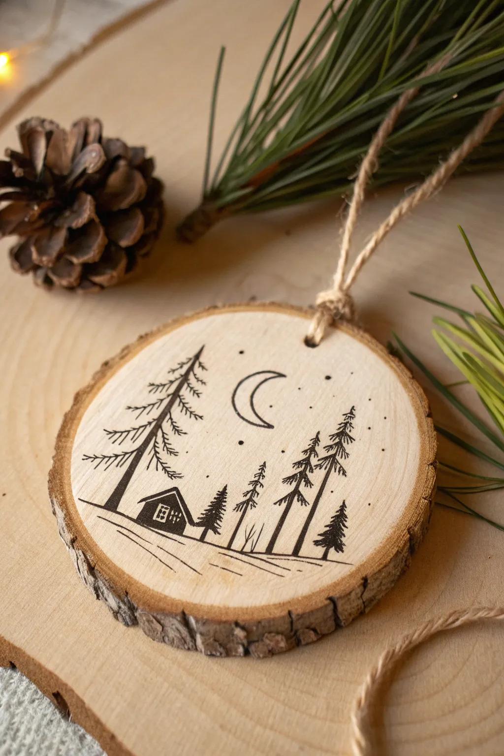 Wood-burned forest medallion on a wood slice—moody, minimal, and beautifully handmade.