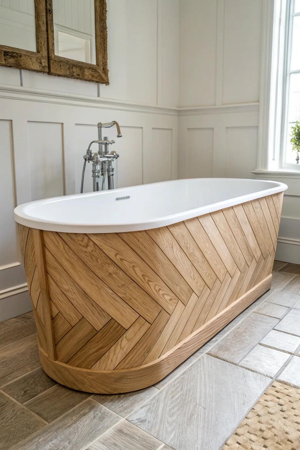 Timeless herringbone wood tub apron—thin planks and a clean border for instant warmth.