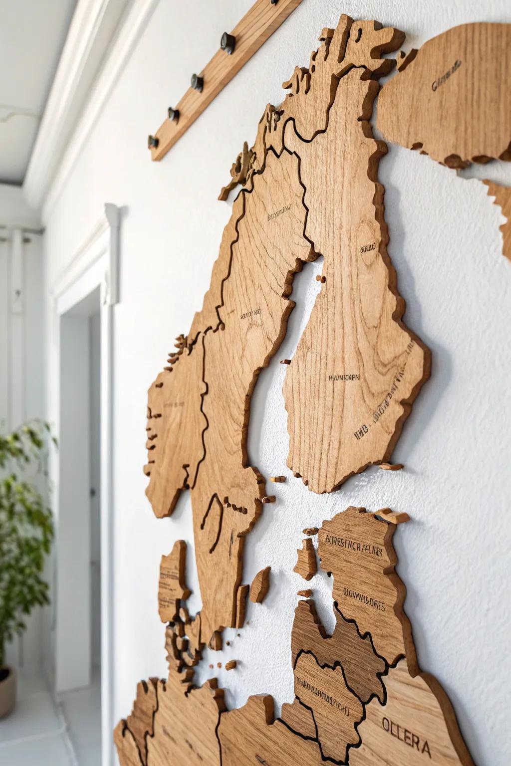 A floating wooden map cutout with a crisp shadow line—minimal, personal, and timeless.
