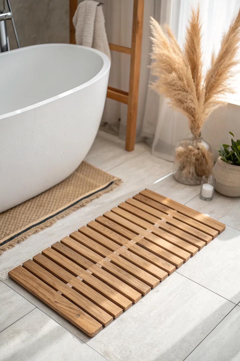 A simple wooden duckboard mat adds spa warmth, dries fast, and elevates any bathroom.