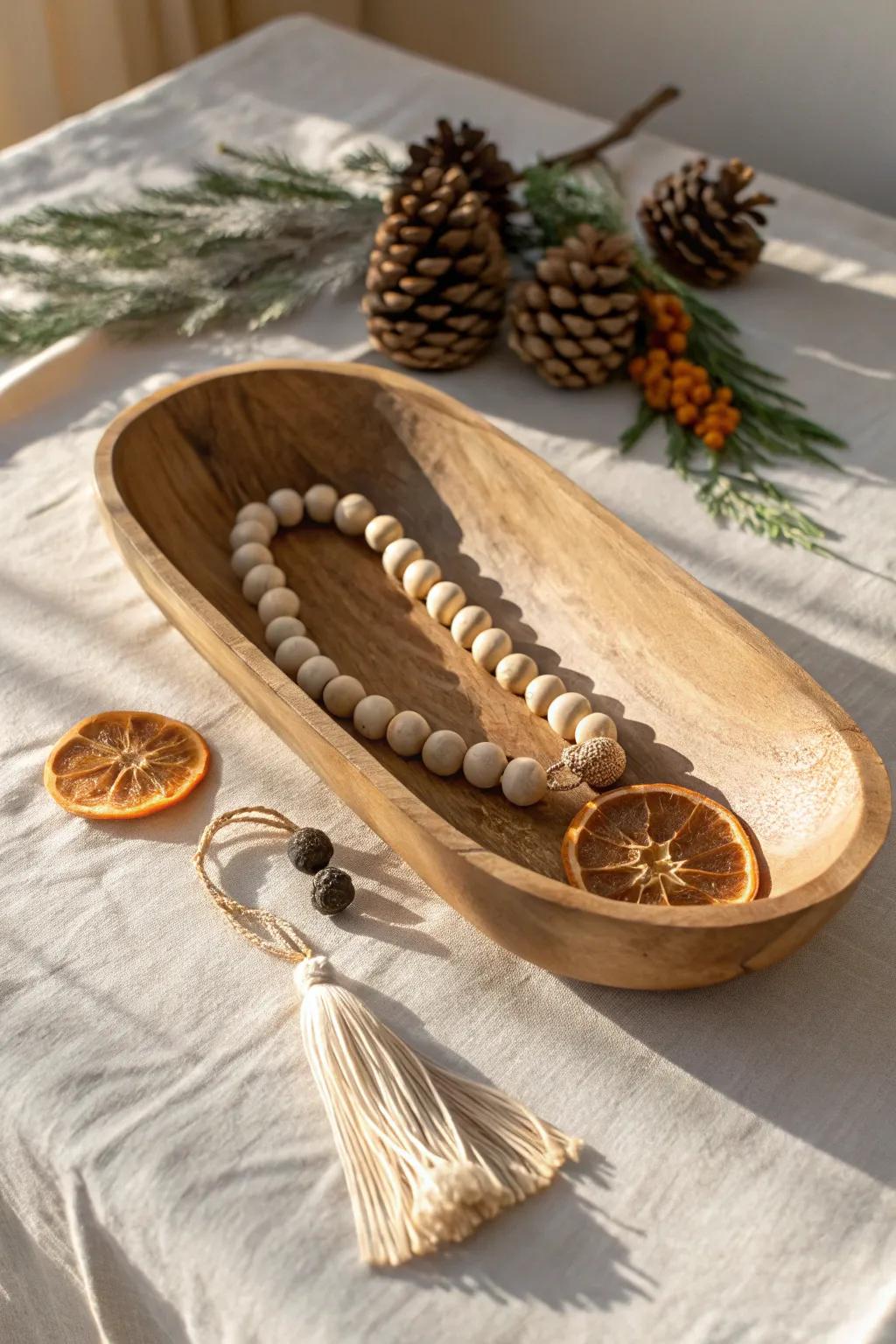 Style wooden beads in a dough bowl with pinecones and dried citrus for effortless charm.