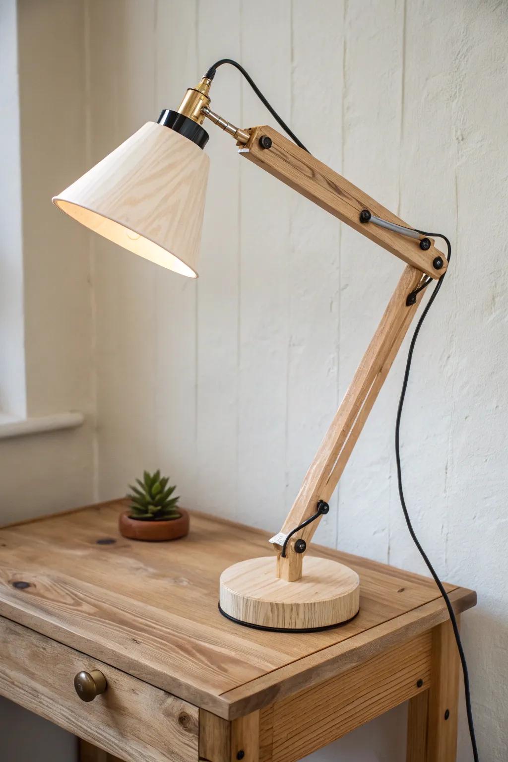 A minimalist wooden arm task lamp with pivot joints—crafted for perfect, adjustable light.