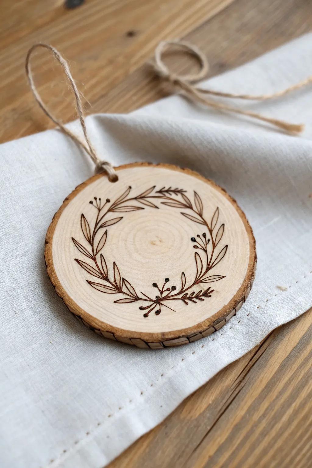 Minimal wood-burned laurel wreath ornament—neutral, rustic, and beautifully handmade.