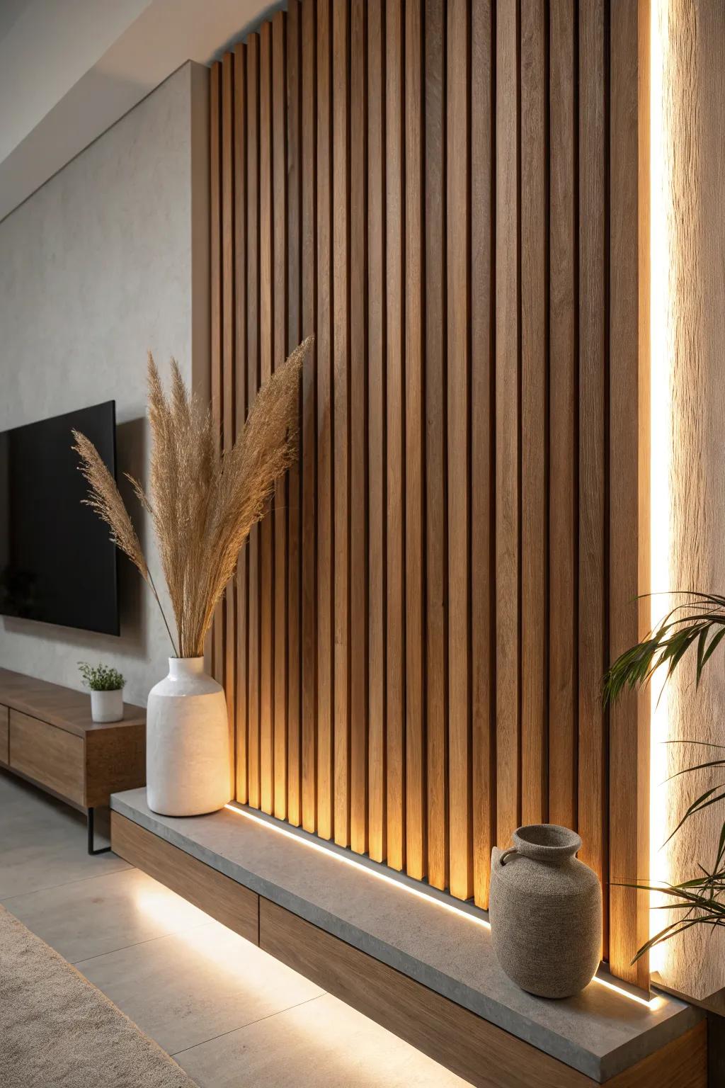 Warm backlit wood slats add a soft glow and luxe depth—perfect for cozy minimalist evenings.