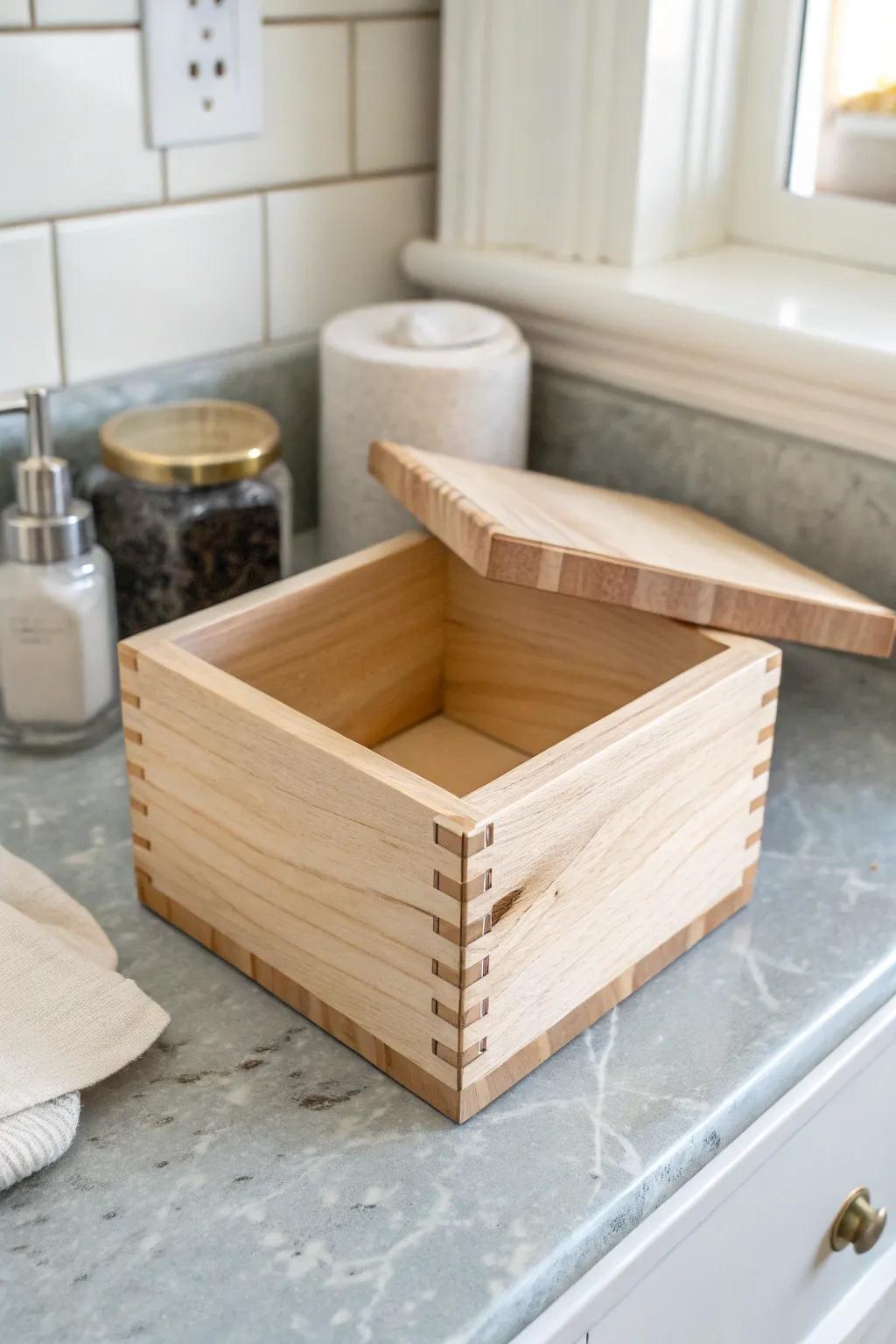 Minimal lidded wooden box for a calm bathroom counter—beautifully hiding daily essentials.