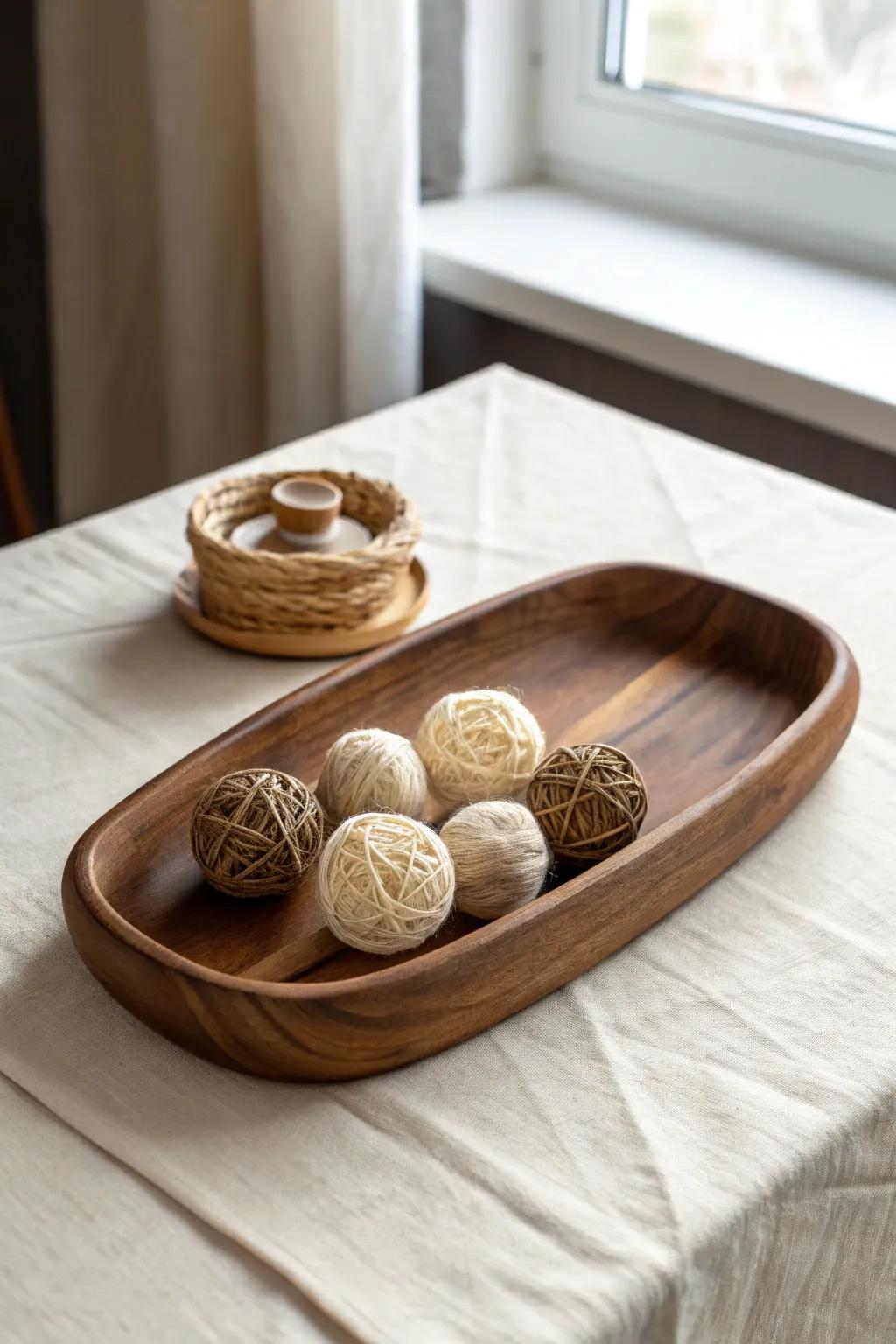Warm walnut tray + rattan orbs: an easy, cozy filler that makes any centerpiece feel finished.