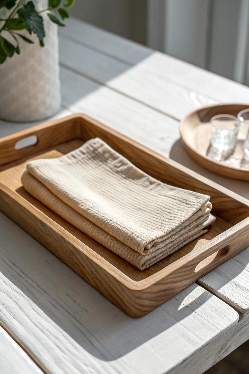 Cozy up your wooden tray with a folded linen liner—soft texture for calm, minimalist styling.