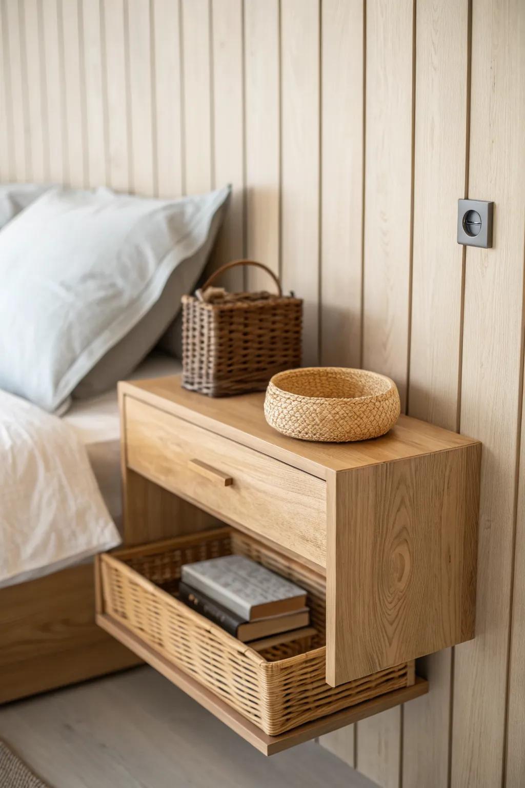 A custom floating nightstand mounted to wood panels for a sleek, airy bedroom look.