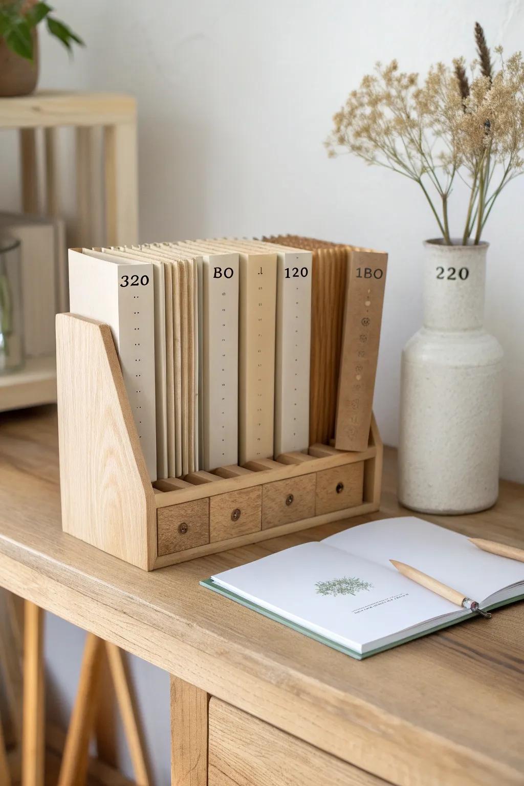 Organize sandpaper by grit like a mini library—grab the right sheet every time.