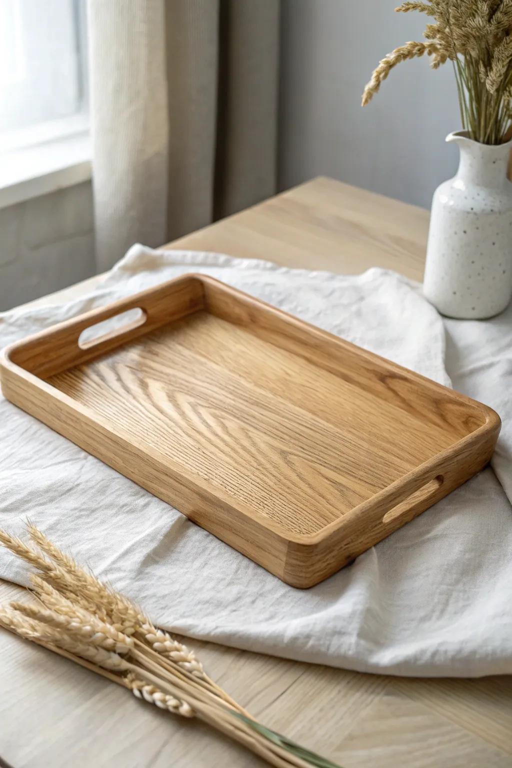 Minimal oak serving tray with clean handholds—simple, timeless craftsmanship for every home.