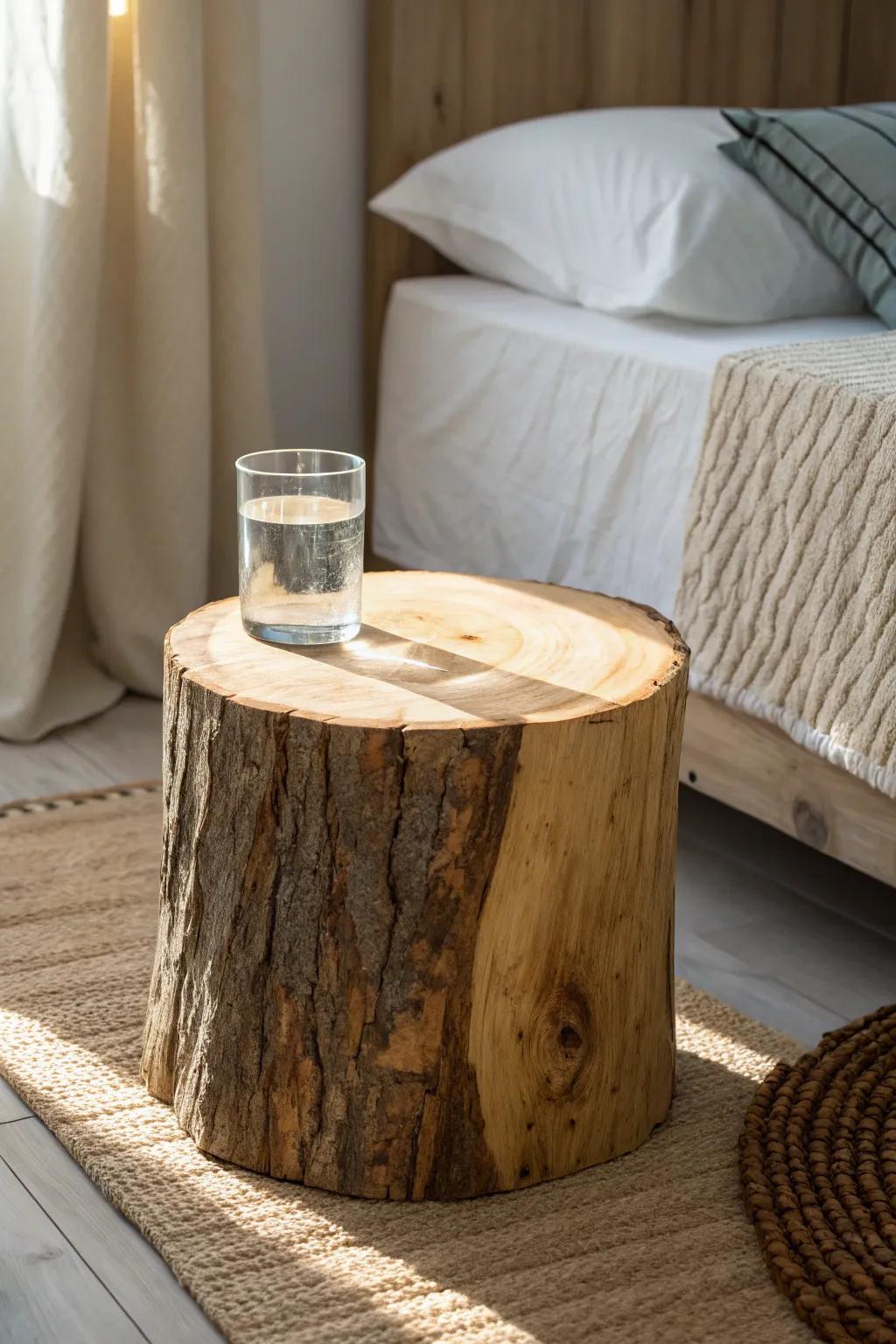 A simple tree-stump nightstand—sealed with hard wax for a forest feel that’s bedside-practical.