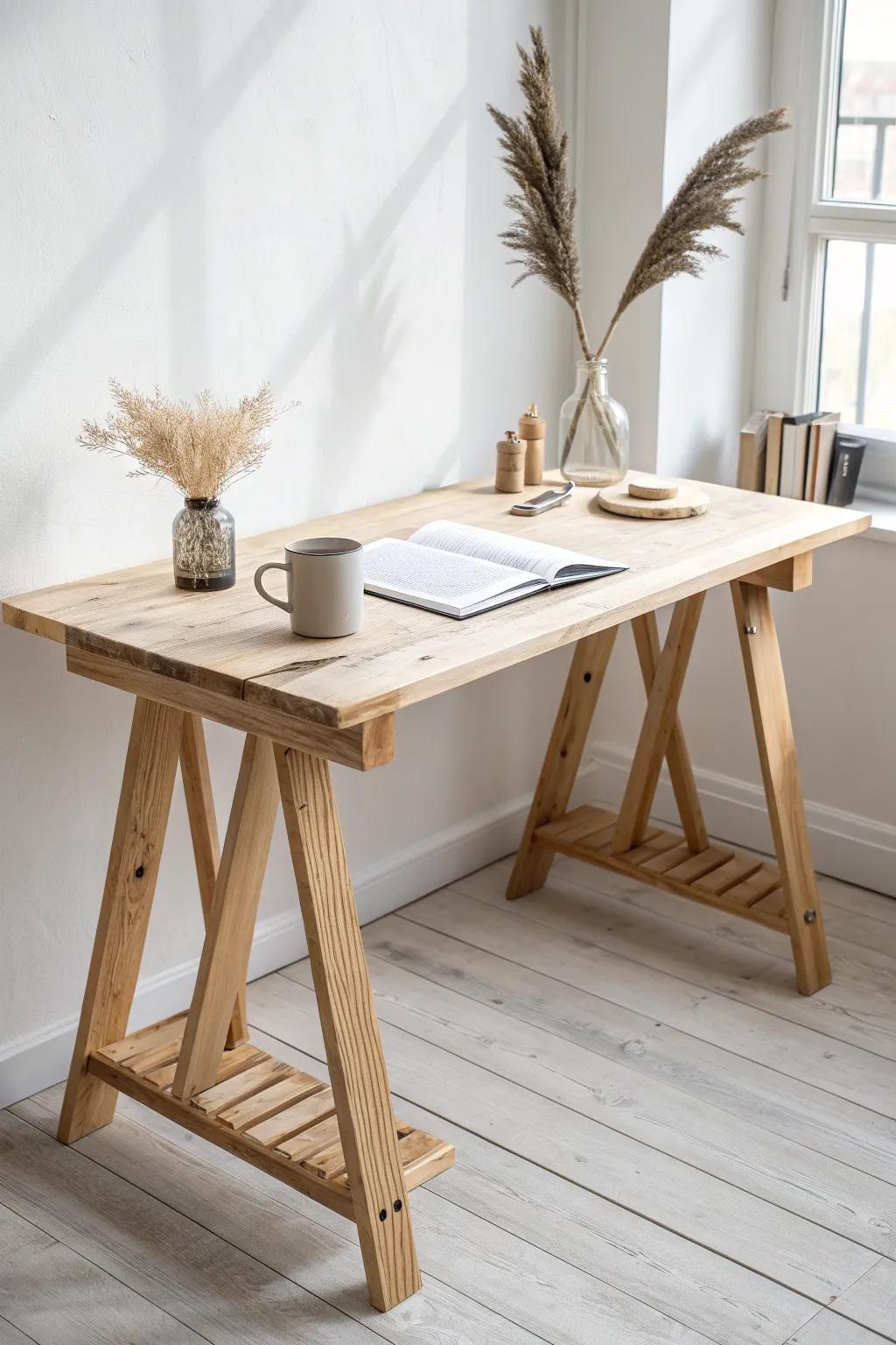 Simple sawhorse-leg desk from scrap wood—sturdy, airy, and perfect for a calm WFH setup.