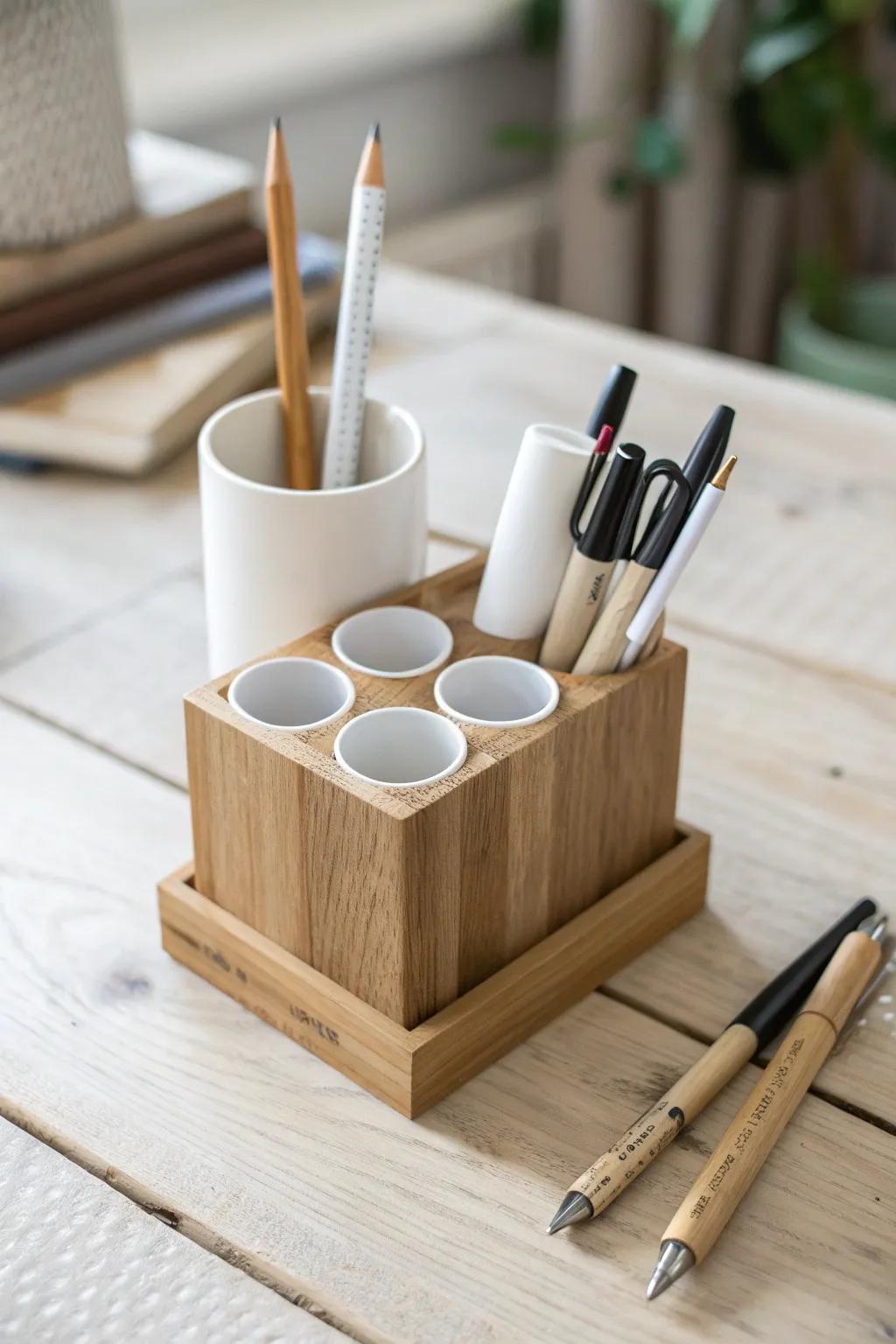 DIY PVC tube cup: keeps pencils, markers, and knives upright—tidy, minimal, always within reach.