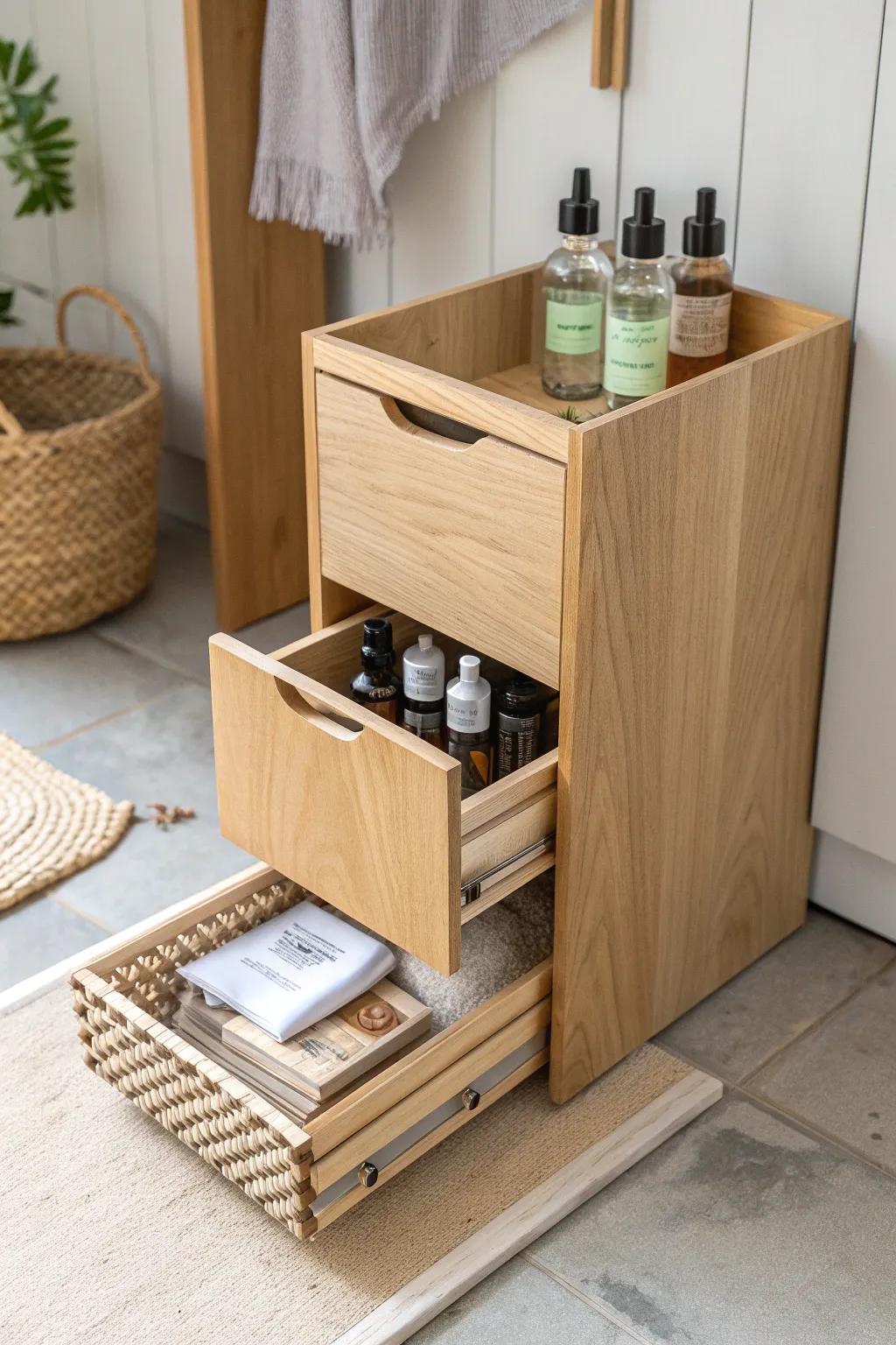 A slim pull-out slot cabinet that turns glue and sprays into a neat little shop library.