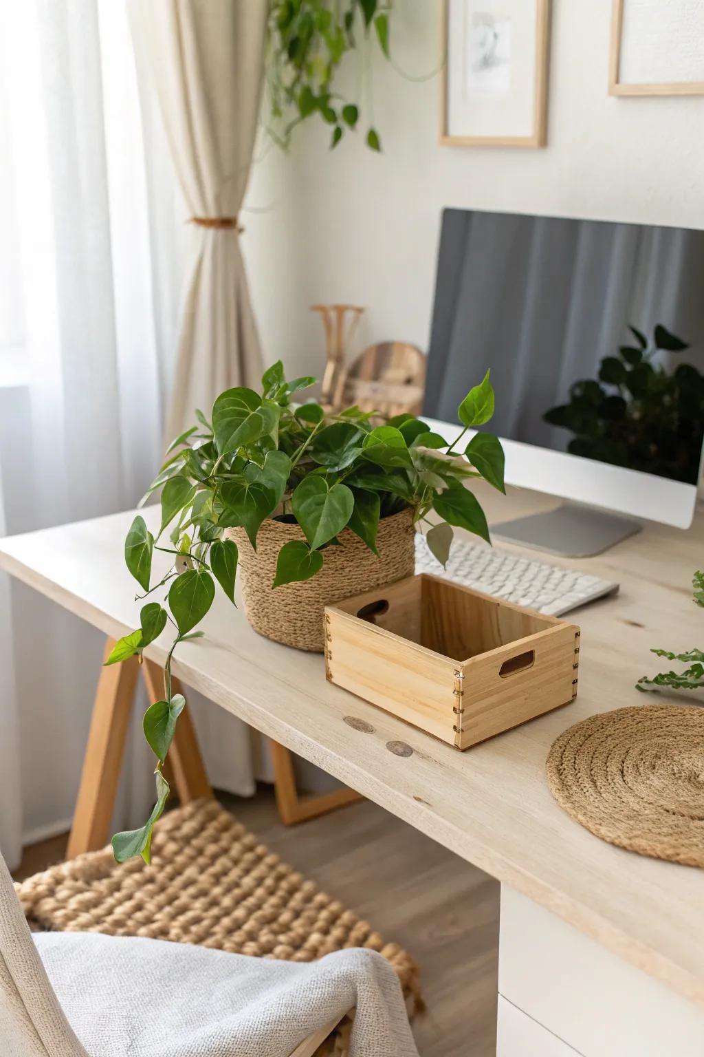 Green corner workstation: a handcrafted wood planter brings calm, contrast, and life.