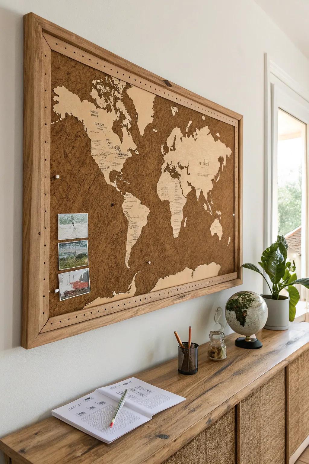 Reclaimed wood world map board with a slim ledge—perfect for postcards, chalk, and mini globes.
