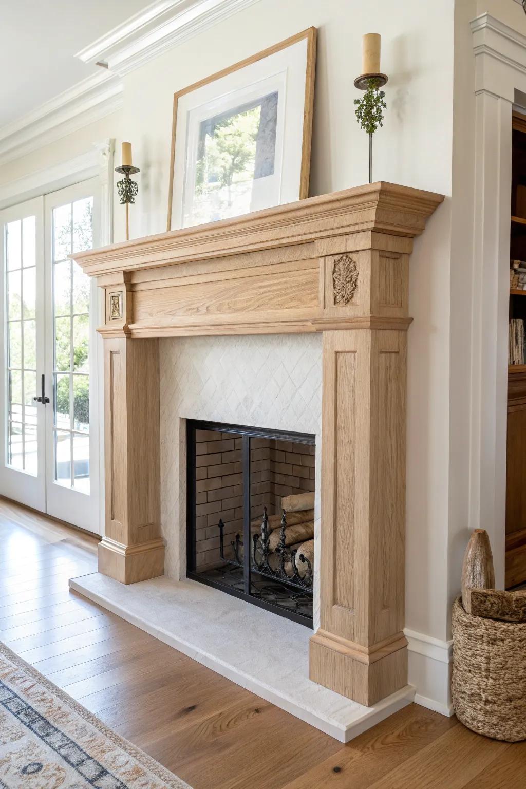 Floating front, corbels on the side—wrap-around mantel charm without visual clutter.