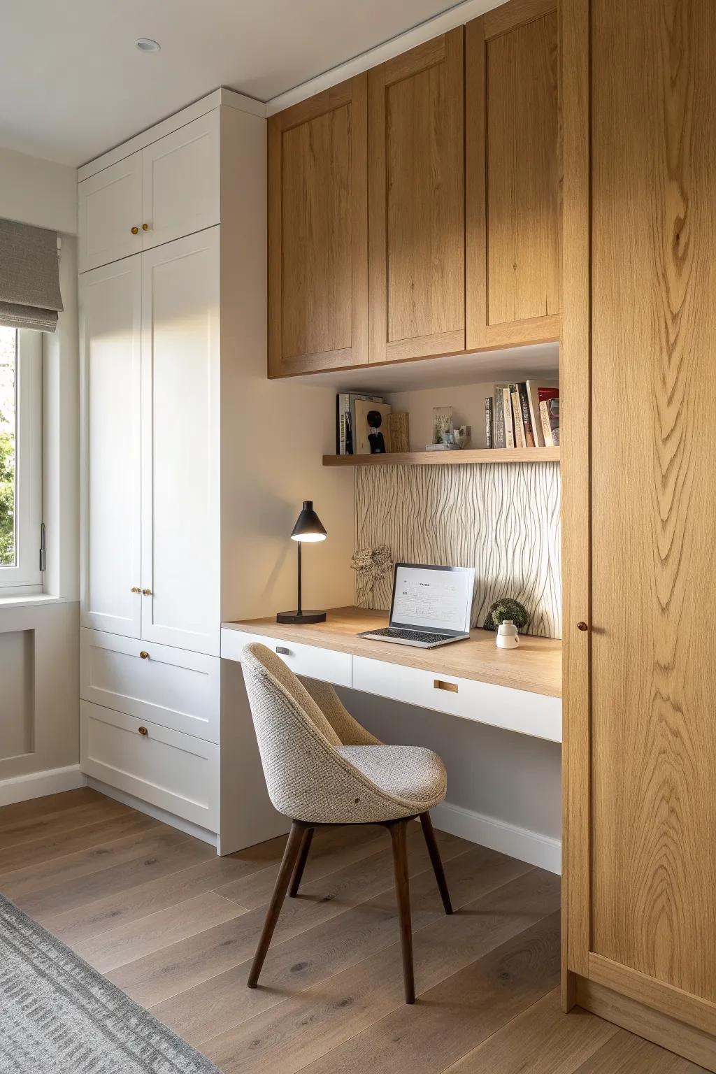 A seamless built‑in desk nook—warm oak top framed by cabinets for a calm, custom workspace.