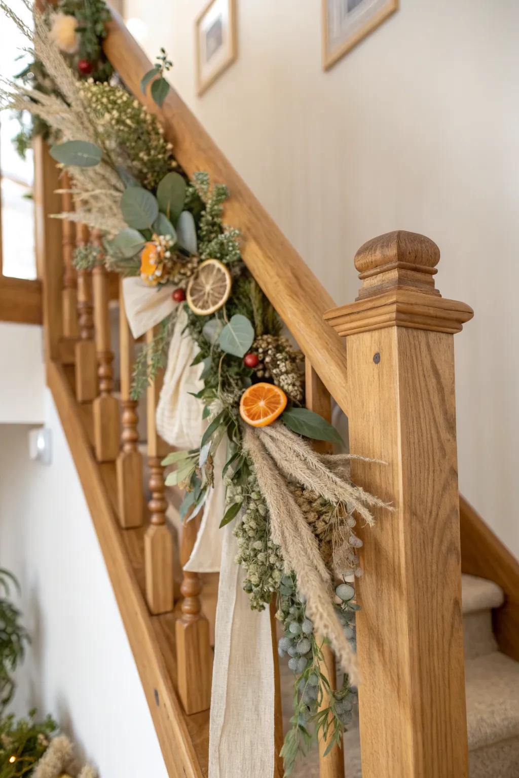Neutral banister garland with clip-on seasonal picks—easy swaps for year-round charm.