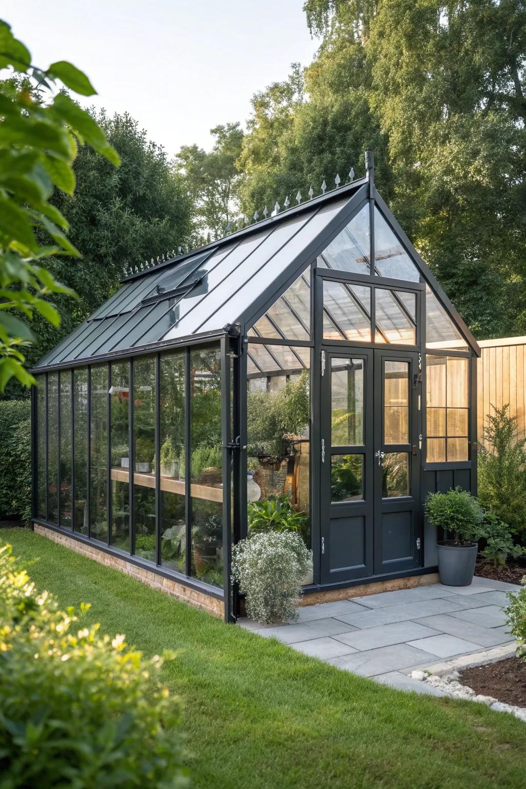 Embrace the beauty of nature with a glass-walled shed perfect for year-round gardening.