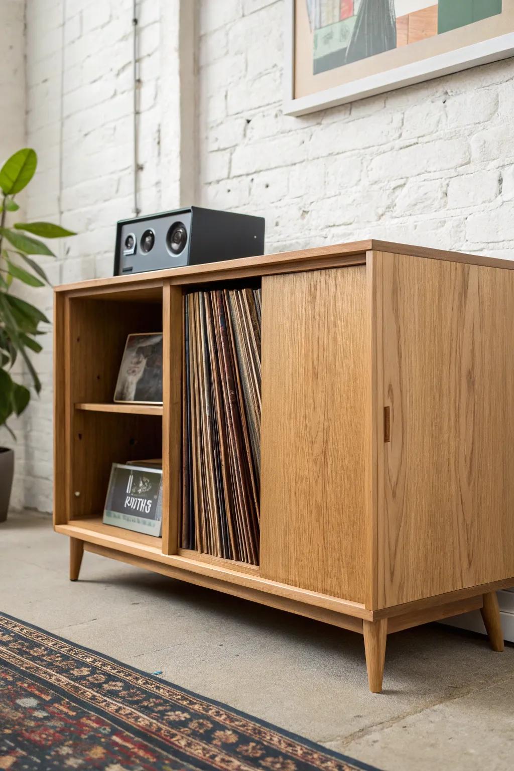 Slide the doors shut for instant calm—crafted slats keep vinyl protected and stylish.