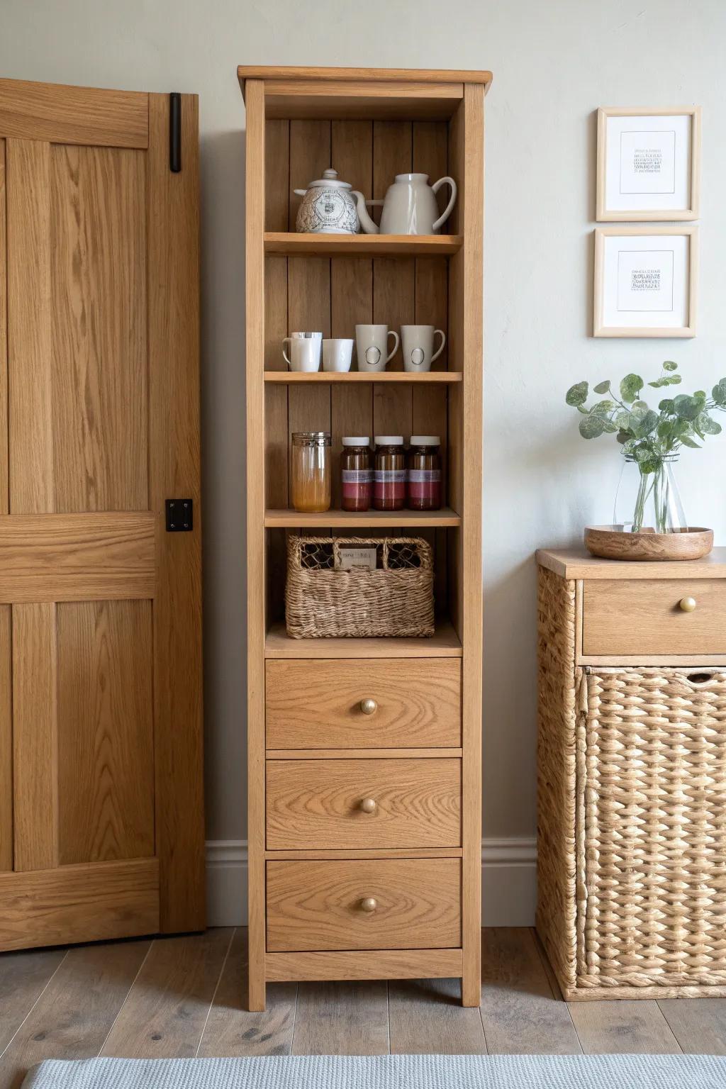 Slim 9-inch coffee & tea cabinet: tall, tidy storage with mugs, tins, and a pull-out bin.