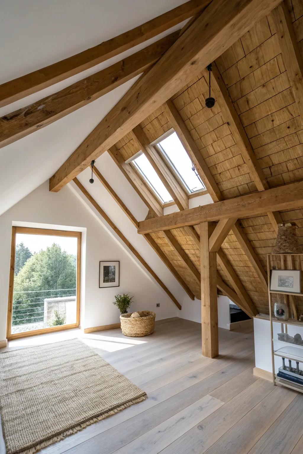 A bold wood beam neatly frames the loft opening, tying the A-frame ceiling together.