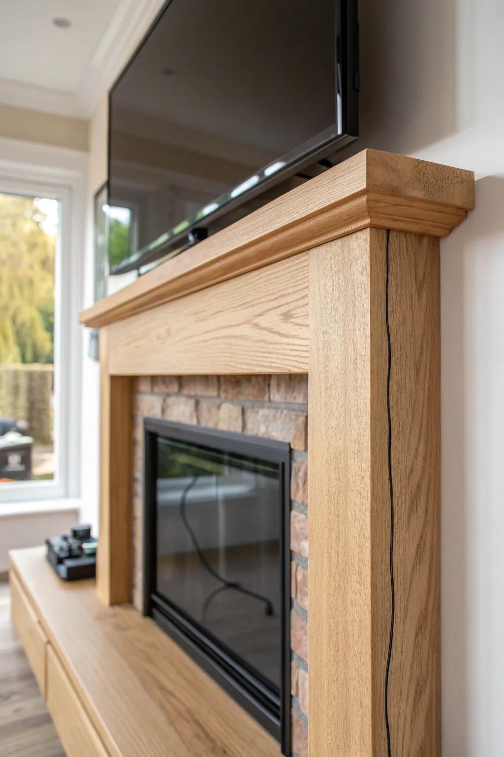 A slim oak surround makes a TV above the fireplace feel intentional—and hides every cord.