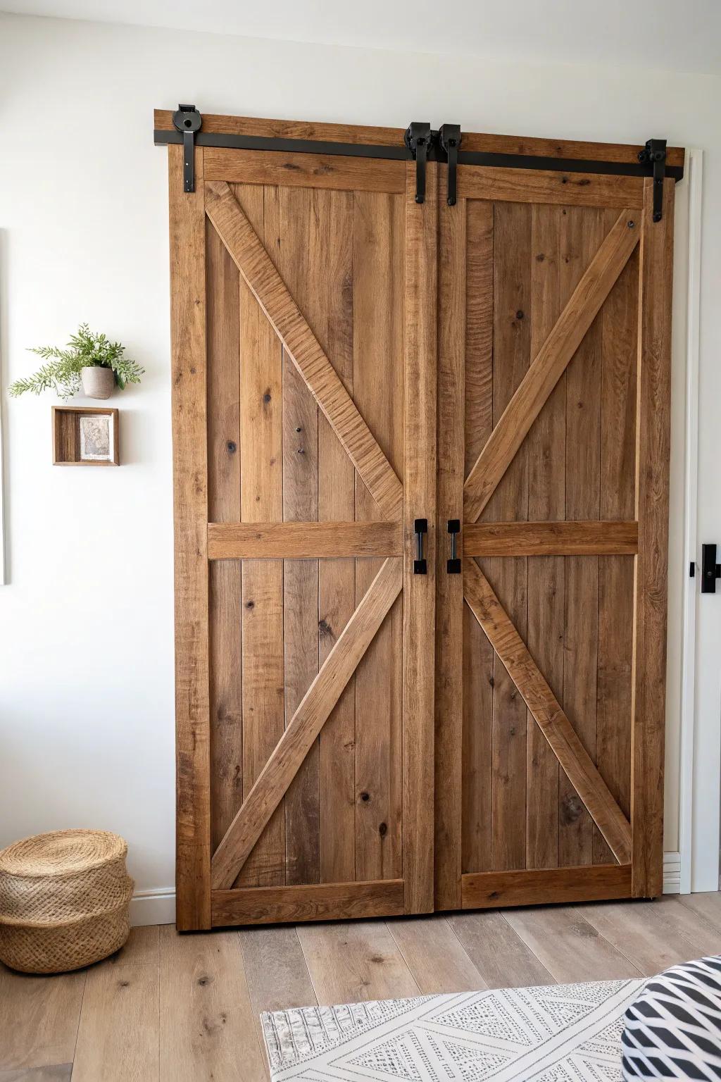 Barn-door style accordion closet door with reclaimed X-braces and a bold, warm stain.
