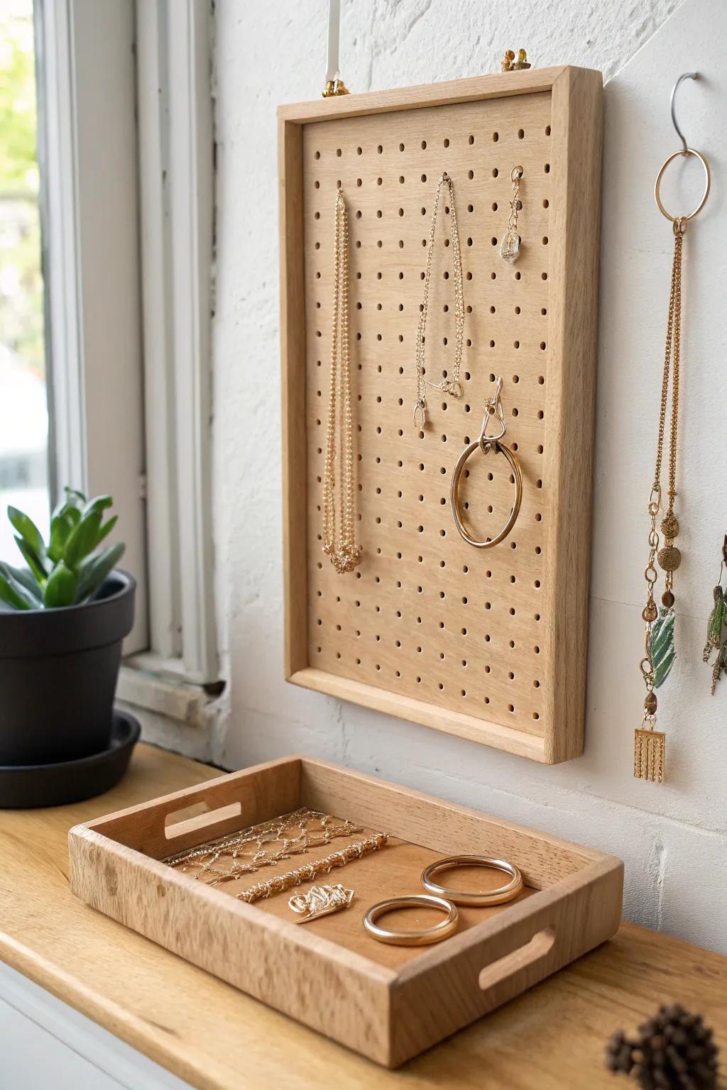 Boutique-style wooden pegboard jewelry organizer—necklaces, rings, and calm boho minimal vibes.