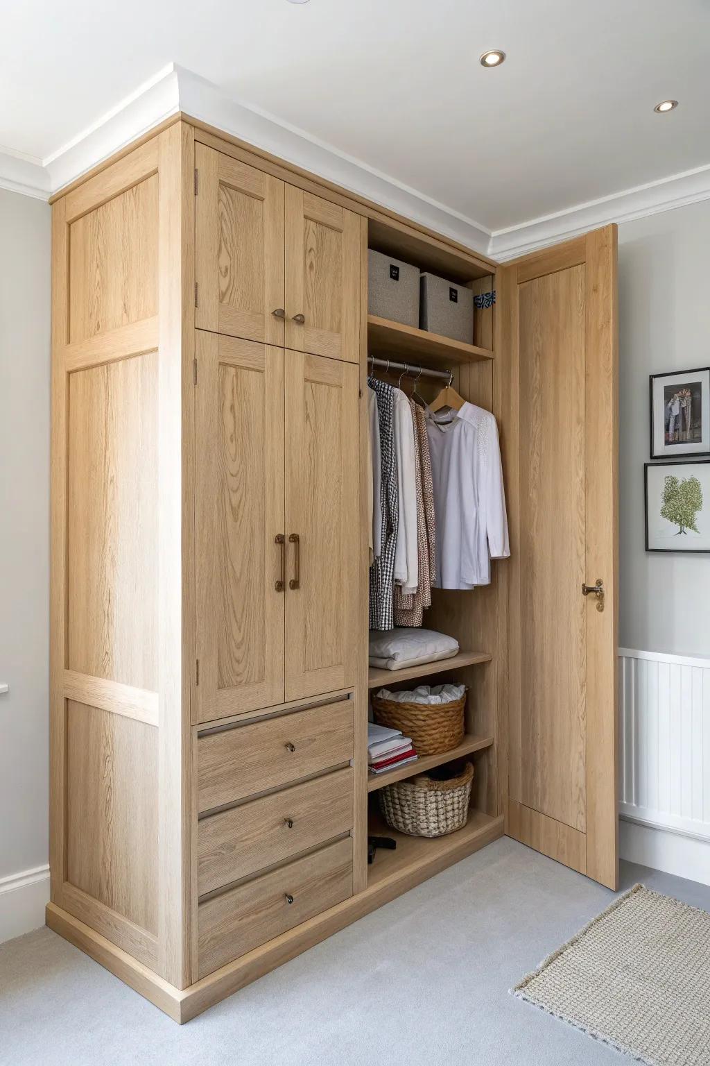 Corner-fit L-shaped alcove wardrobe—oak craftsmanship that turns every inch into storage.