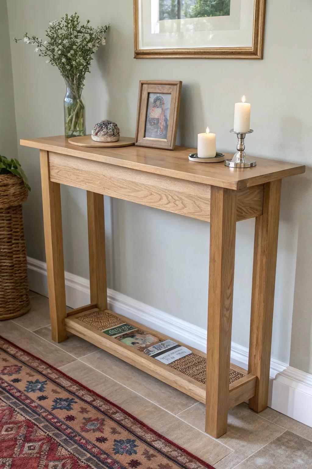Tall oak altar table with a slim photo ledge—minimal, warm, and made for ancestral memories.