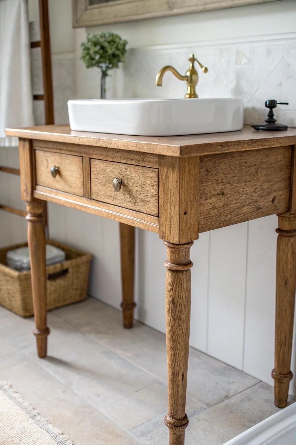 Slim antique-wood vanity idea: vintage charm in a shallow footprint for tight bathrooms.