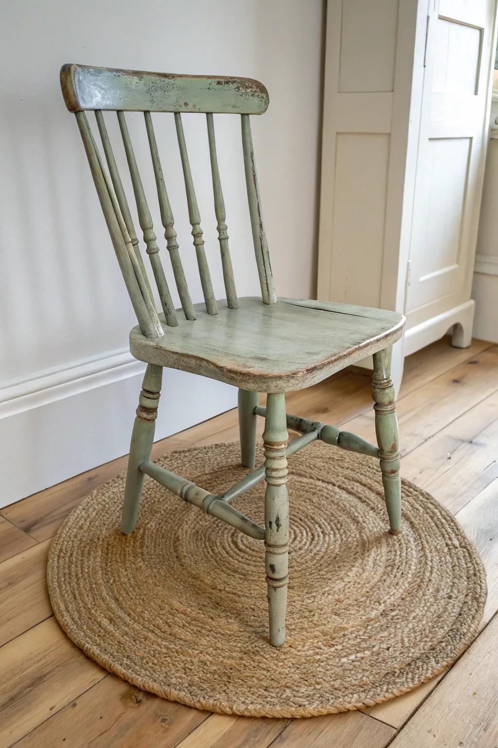One washed-finish spindle-back chair brings relaxed antique charm with Scandinavian calm.