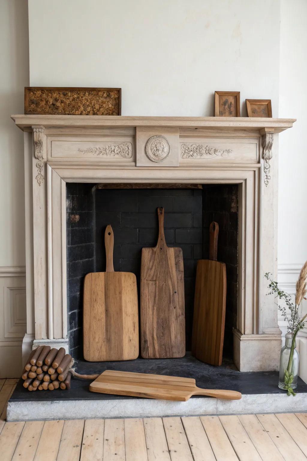 Lean wood cutting boards inside an antique mantel for a warm, textured mini gallery.