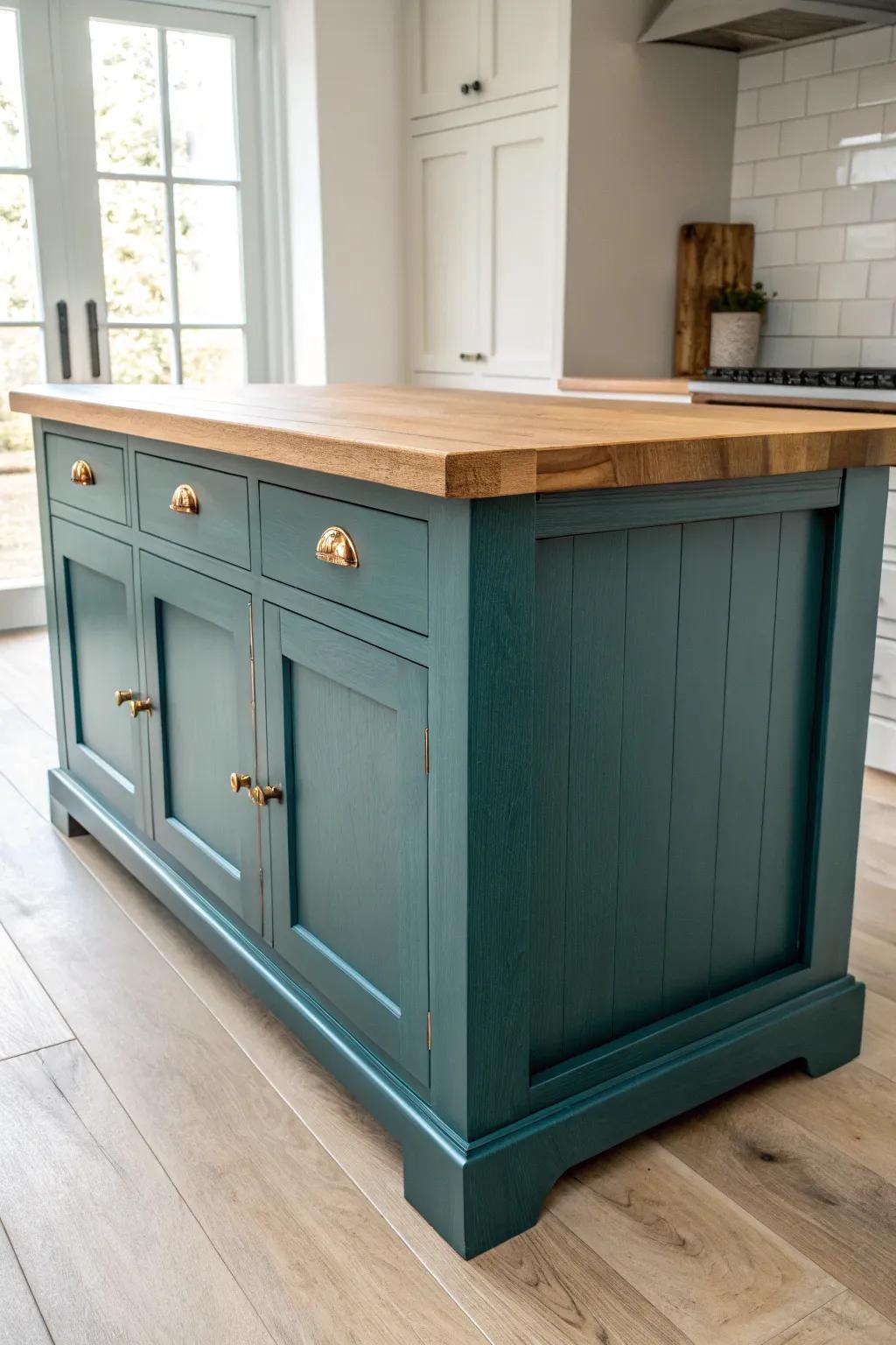 Vintage island with breadboard ends—minimal lines, bold color, and handcrafted antique charm.