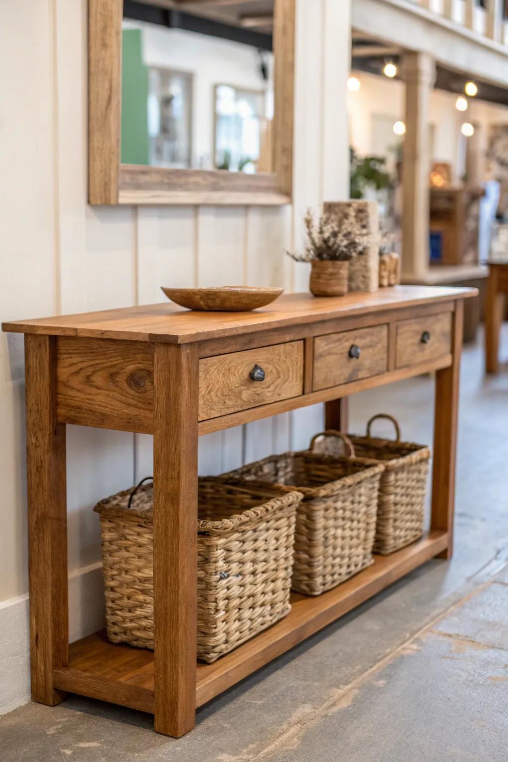 Make displays feel abundant—repeat matching baskets under tables for tidy, intentional style.