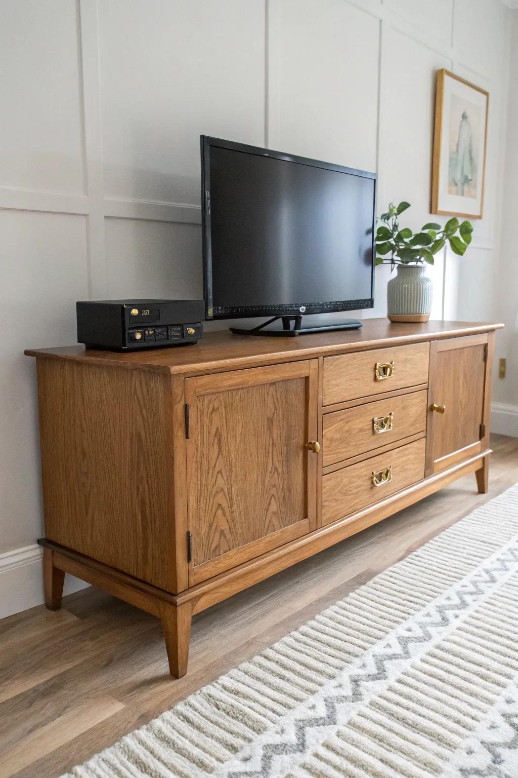 Vintage buffet turned TV console—warm patina, real doors, and hidden strength for big screens.