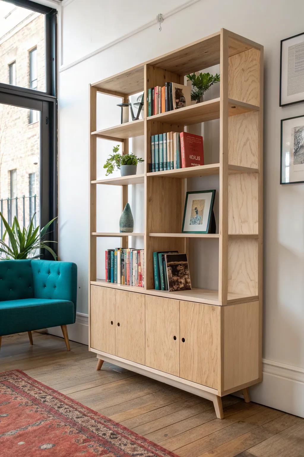 Double-sided bookcase divider: airy studio library with warm wood edging and bold color pops.