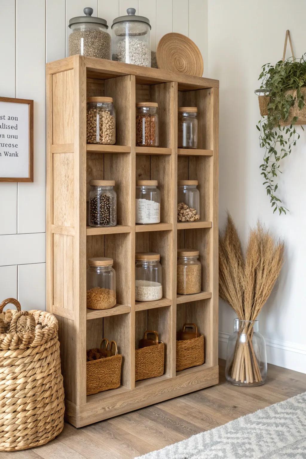A mini butler pantry cubby wall: apothecary jars and baskets in sleek oak rows.