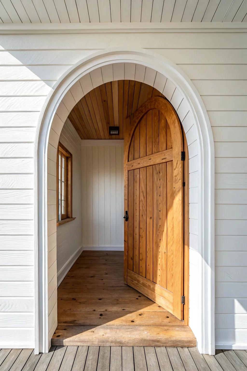 Cozy shiplap-lined arch tunnel with crisp shadow lines and warm reclaimed wood texture.