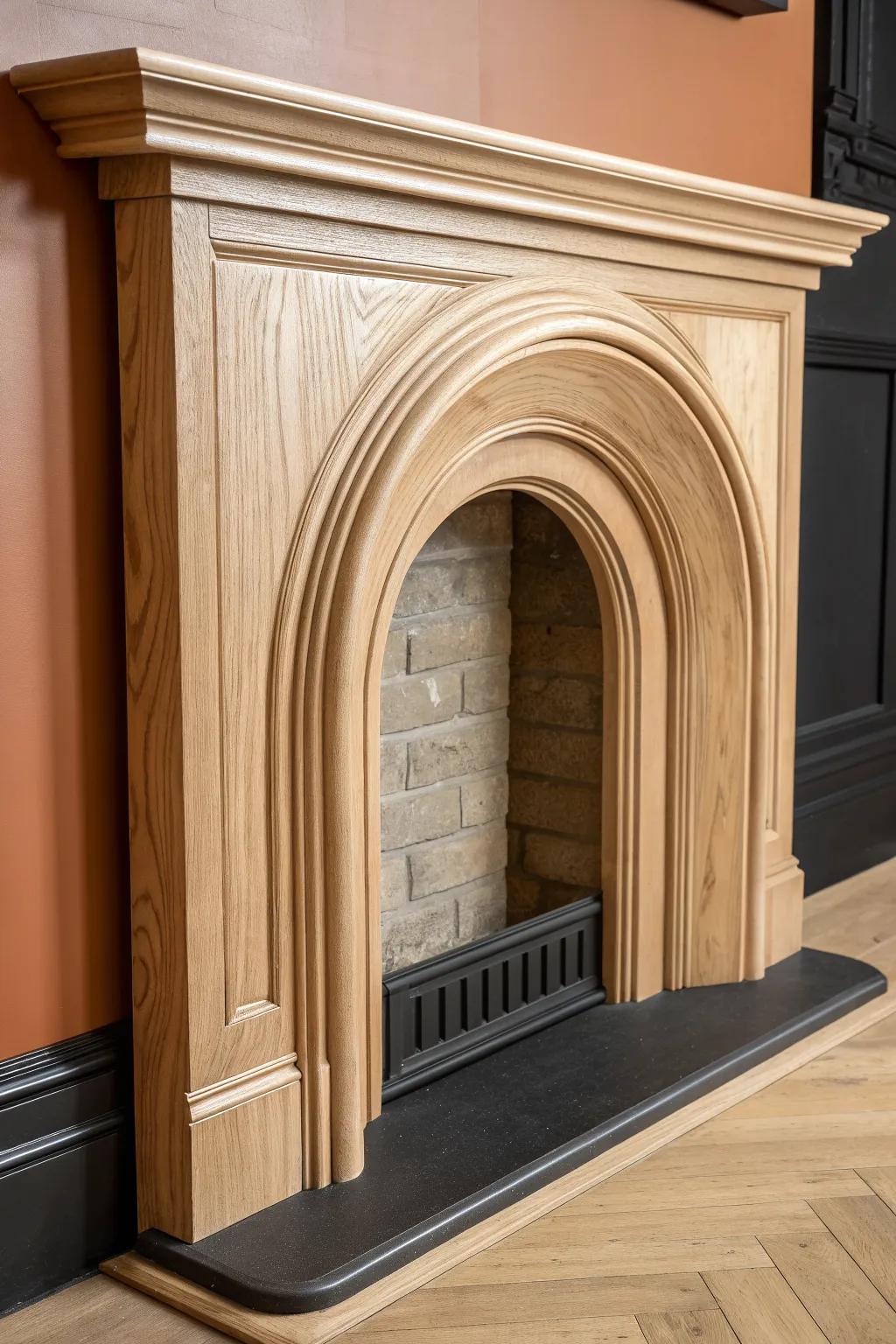 Double-arch layered surround in pale oak—clean curves, bold contrast, artisan depth.
