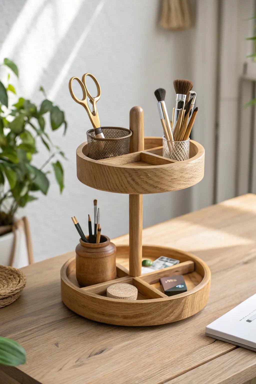 A two-tier wooden tray keeps daily art tools tidy, visible, and beautifully within reach.