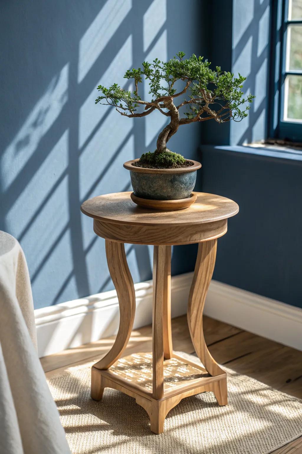 Handcrafted wooden bonsai pedestal—serene Asian bedroom mood with bold, modern contrast.
