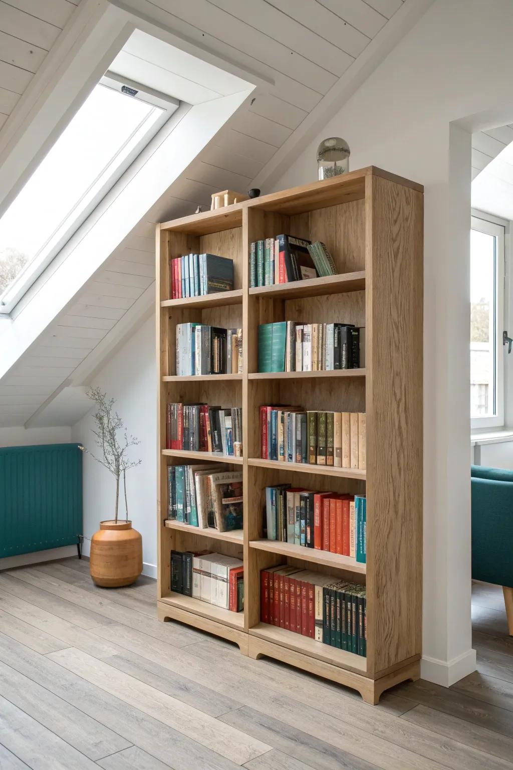 A double-sided oak bookcase divider that turns your attic library into a calm, separate room.