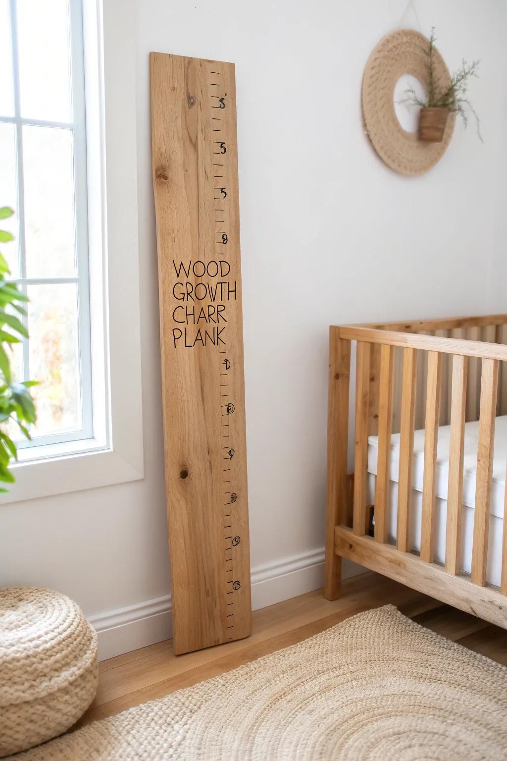 A rustic wood growth chart plank beside the crib—clean, handmade, and a sweet keepsake.