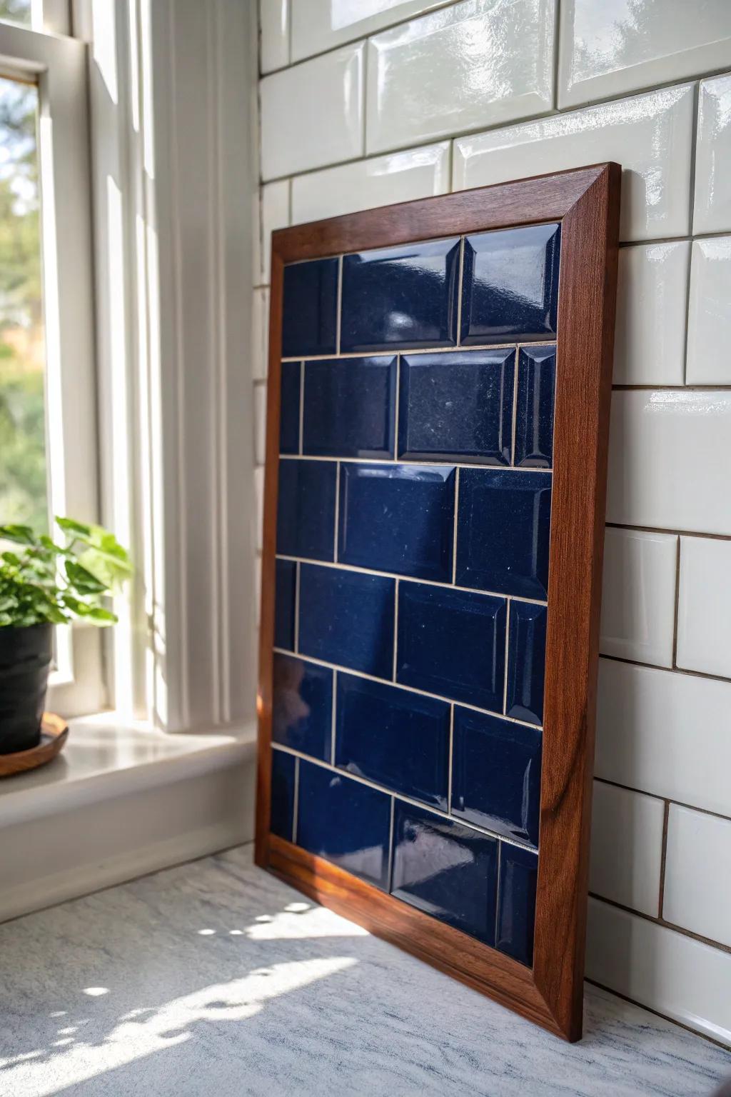 Glossy navy tile adds sparkle and cool contrast against warm cherry cabinets.