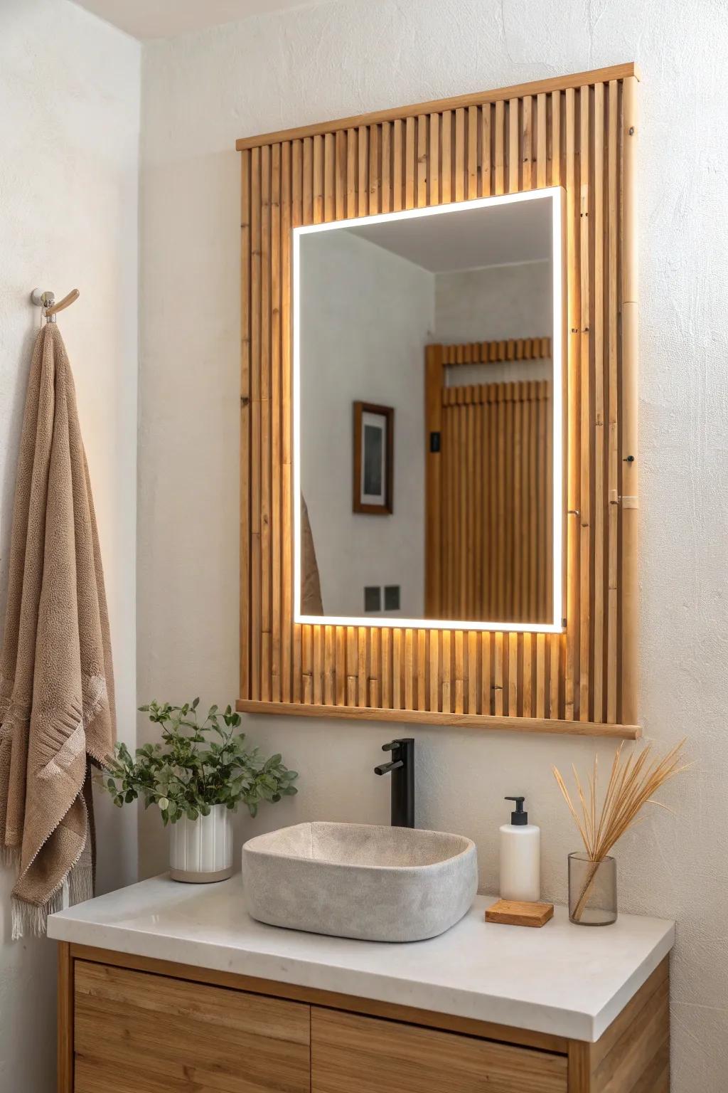 Warm backlit bamboo slats turn a simple mirror wall into a soft, spa-like evening glow.