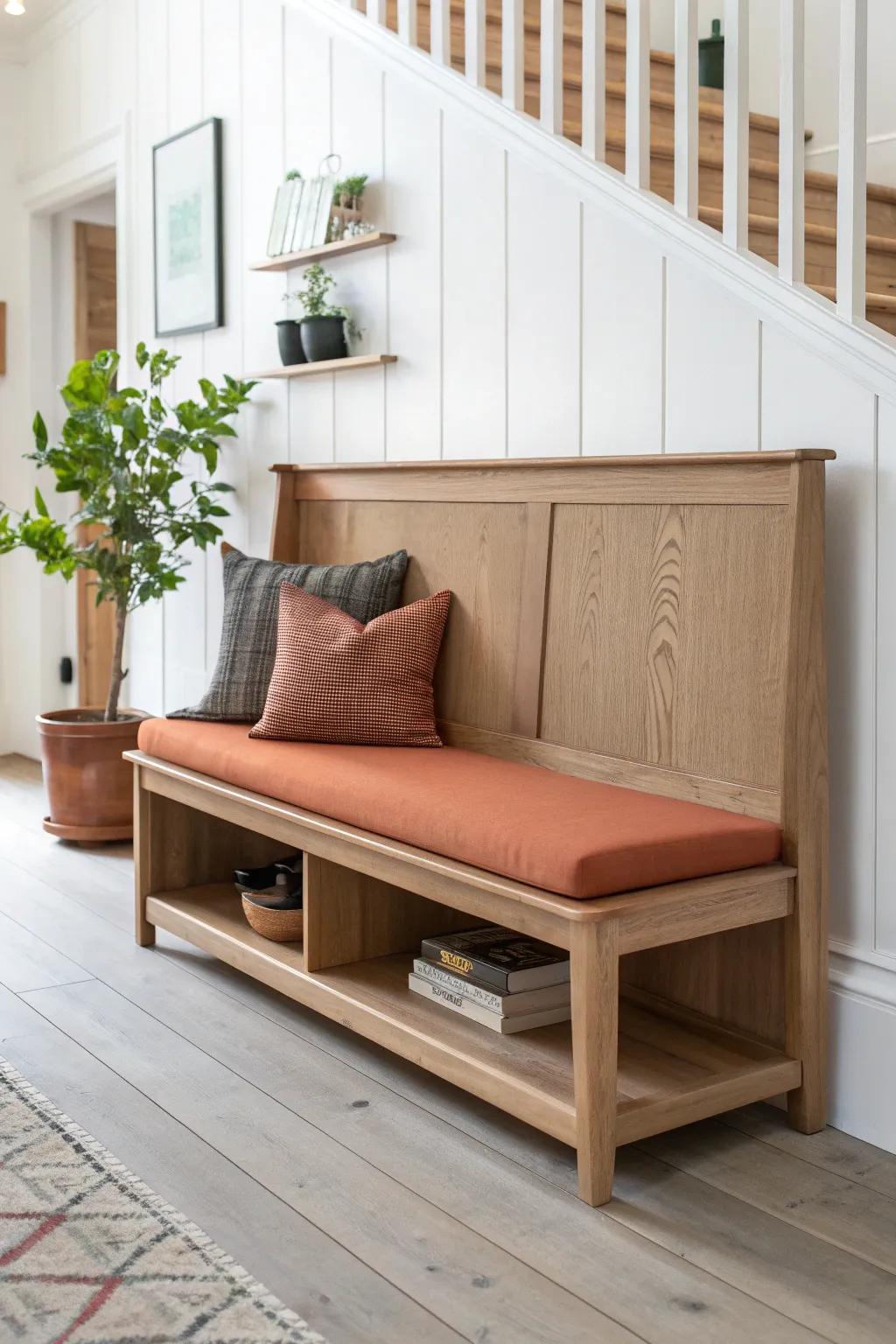 A banquette divider bench with a slim shelf-back—open sightlines, extra landing space, zero walls.